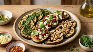 Melanzane grigliate in un piatto con erbe, feta e pomodori secchi, pinoli e olio extravergine d’oliva
