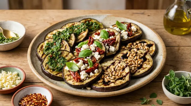 Melanzane grigliate in un piatto con erbe, feta e pomodori secchi, pinoli e olio extravergine d’oliva
