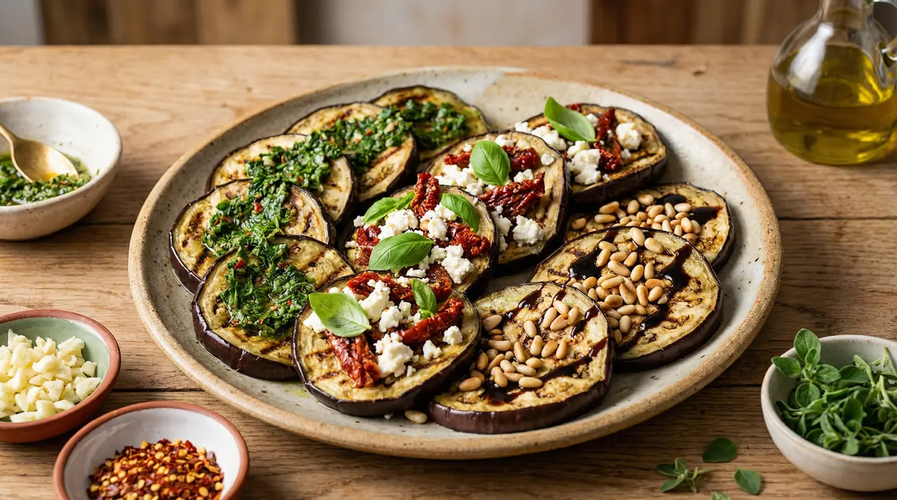 Melanzane grigliate in un piatto con erbe, feta e pomodori secchi, pinoli e olio extravergine d’oliva
