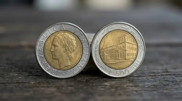 Due monete da 500 lire bimetalliche del 1982, viste fronte e retro, su superficie in legno