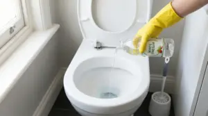 Mano con guanto giallo versa aceto bianco nel water per pulizia e rimozione del calcare