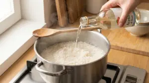 Aceto versato nell’acqua di cottura del riso in una pentola sul fornello, per ottenere chicchi più sgranati