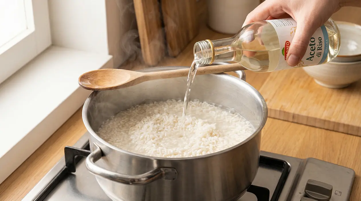 Aceto versato nell’acqua di cottura del riso in una pentola sul fornello, per ottenere chicchi più sgranati