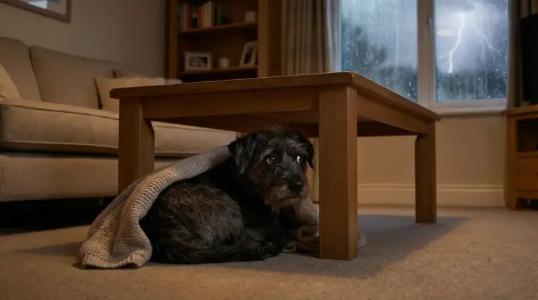 Cane nascosto sotto un tavolino in salotto mentre fuori infuria un temporale con lampi alla finestra