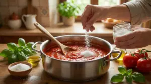 Mani che aggiungono zucchero a una pentola di sugo di pomodoro sul fornello, con basilico e pomodori sul tavolo