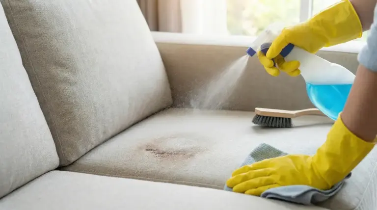 Mani con guanti che spruzzano detergente e puliscono una macchia su un divano in tessuto con spazzola e panno