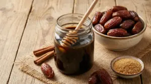 Barattolo di sciroppo di datteri con cucchiaio, accanto a una ciotola di datteri e zucchero di canna su tavolo in legno
