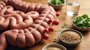 Modello di intestino con diverticoli accanto a ciotole di cereali integrali e verdure e un bicchiere d’acqua