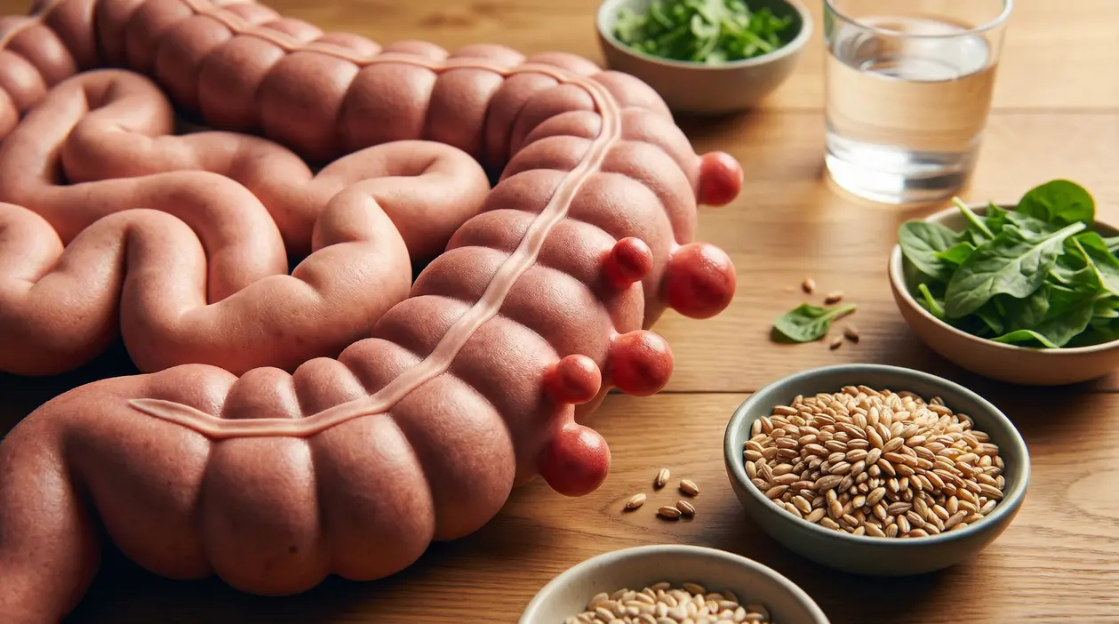 Modello di intestino con diverticoli accanto a ciotole di cereali integrali e verdure e un bicchiere d’acqua