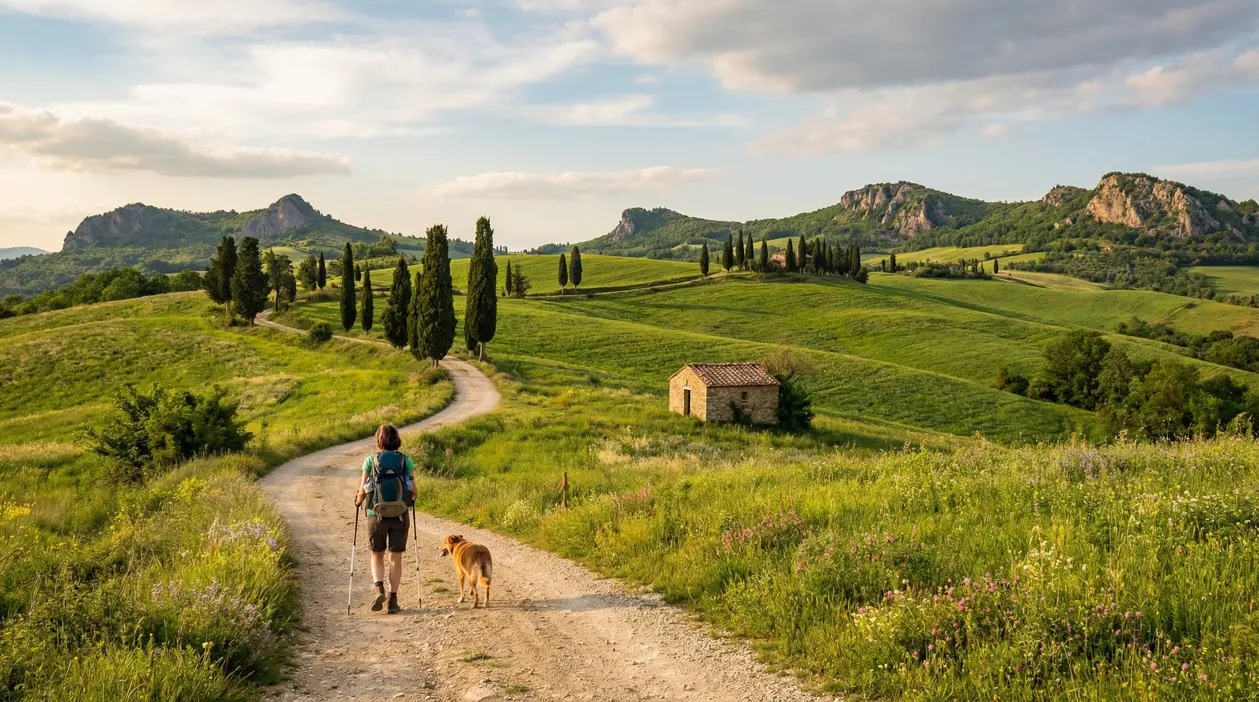 Escursionista con zaino e bastoncini cammina su una strada sterrata tra colline verdi, cipressi e un casale
