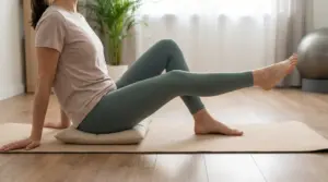 Persona seduta su tappetino mentre estende una gamba, esercizio dolce per il dolore al ginocchio a casa