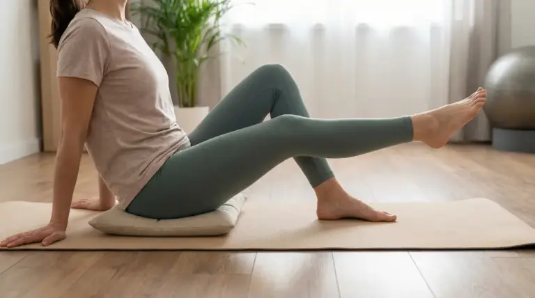 Persona seduta su tappetino mentre estende una gamba, esercizio dolce per il dolore al ginocchio a casa