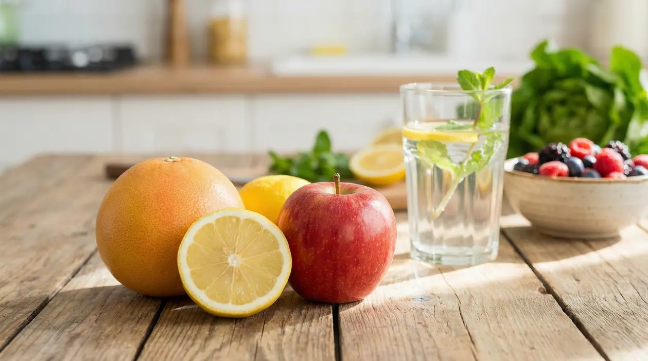 Pompelmo, limone e mela su un tavolo con bicchiere d’acqua aromatizzata alla menta e frutti di bosco