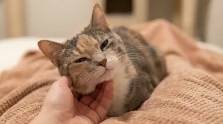Gatto sdraiato su una coperta mentre una persona lo accarezza sotto il mento, con occhi socchiusi