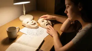 Persona al tavolo con due maschere teatrali e un tema natale, simbolo di sbalzi d’umore e segni lunatici