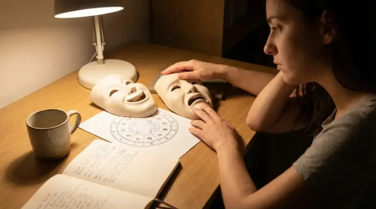 Persona al tavolo con due maschere teatrali e un tema natale, simbolo di sbalzi d’umore e segni lunatici