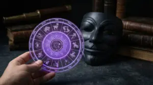 Mano che tiene un disco con i simboli dello zodiaco vicino a una maschera scura su libri antichi