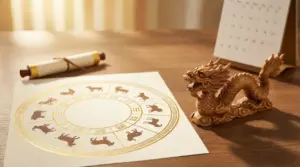 Ruota dei segni dello zodiaco cinese su tavolo, con statuetta di drago e calendario sullo sfondo