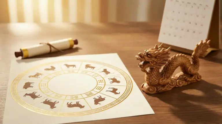 Ruota dei segni dello zodiaco cinese su tavolo, con statuetta di drago e calendario sullo sfondo