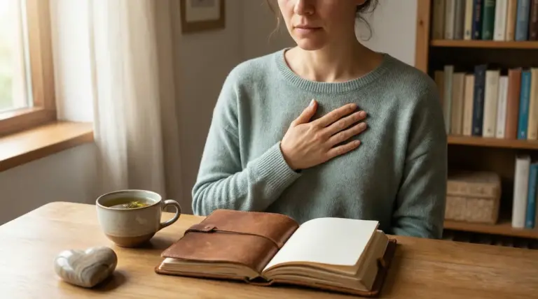 Persona seduta a un tavolo con mano sul petto, tazza di tè e diario aperto vicino alla finestra