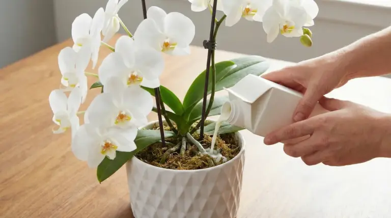 Mani che versano fertilizzante liquido in un’orchidea Phalaenopsis bianca in vaso, per favorire la fioritura