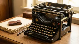 Macchina da scrivere antica nera su scrivania in legno, accanto a fogli e penna, illuminata da una finestra