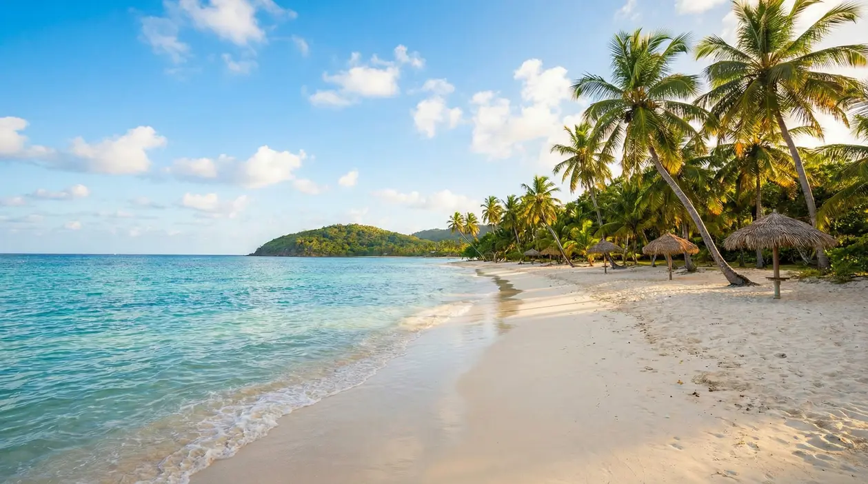 Spiaggia tropicale tranquilla con palme, mare turchese e sabbia chiara, ideale per vacanze con mare caldo e poca gente