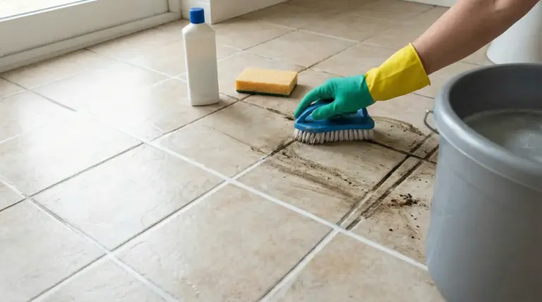 Mano con guanto che strofina le fughe nere del pavimento con spazzola, vicino a secchio e detergente