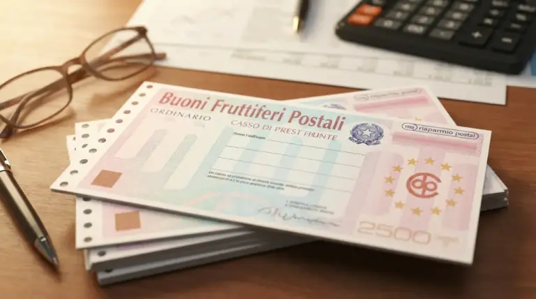 Buoni fruttiferi postali su una scrivania con penna, occhiali e calcolatrice, per analisi di risparmio e interessi