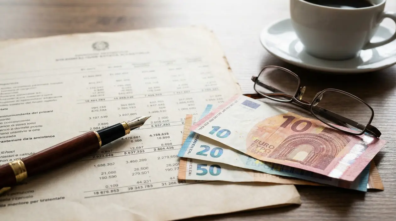Banconote in euro, penna e occhiali su un documento con tabelle, accanto a una tazza di caffè