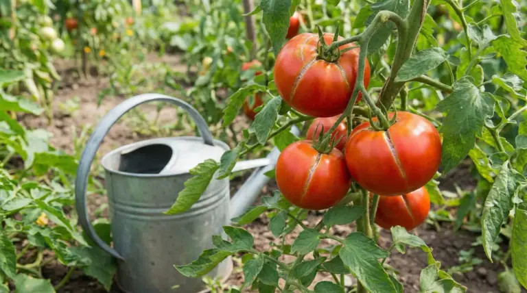 Pomodori maturi spaccati sulla pianta nell’orto, con annaffiatoio vicino alle piante di pomodoro