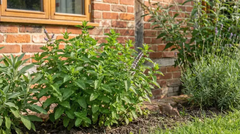 Pianta aromatica in aiuola vicino a casa, con un topo nel giardino tra le erbe