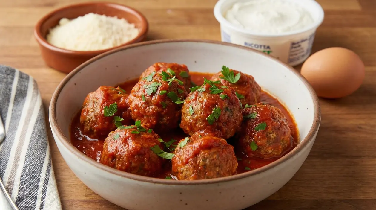 Polpette al sugo in una ciotola, guarnite con prezzemolo, con ricotta, uovo e formaggio sullo sfondo