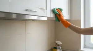 Mano con guanto arancione pulisce un pensile della cucina con panno in microfibra