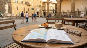 Tavolino all’aperto con calendario e mappa d’Italia, caffè e cornetto in una piazza di città d’arte