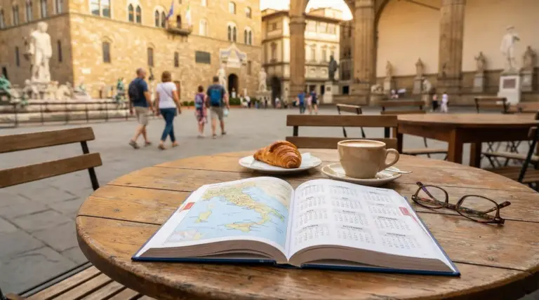 Tavolino all’aperto con calendario e mappa d’Italia, caffè e cornetto in una piazza di città d’arte