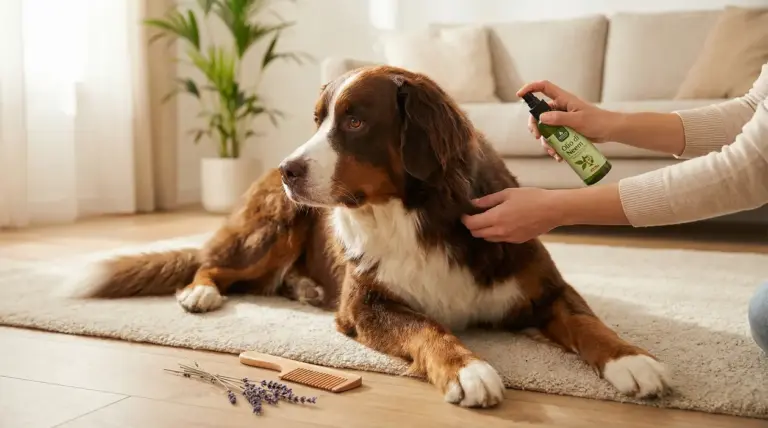 Persona applica uno spray naturale sul pelo di un cane sdraiato su un tappeto in soggiorno