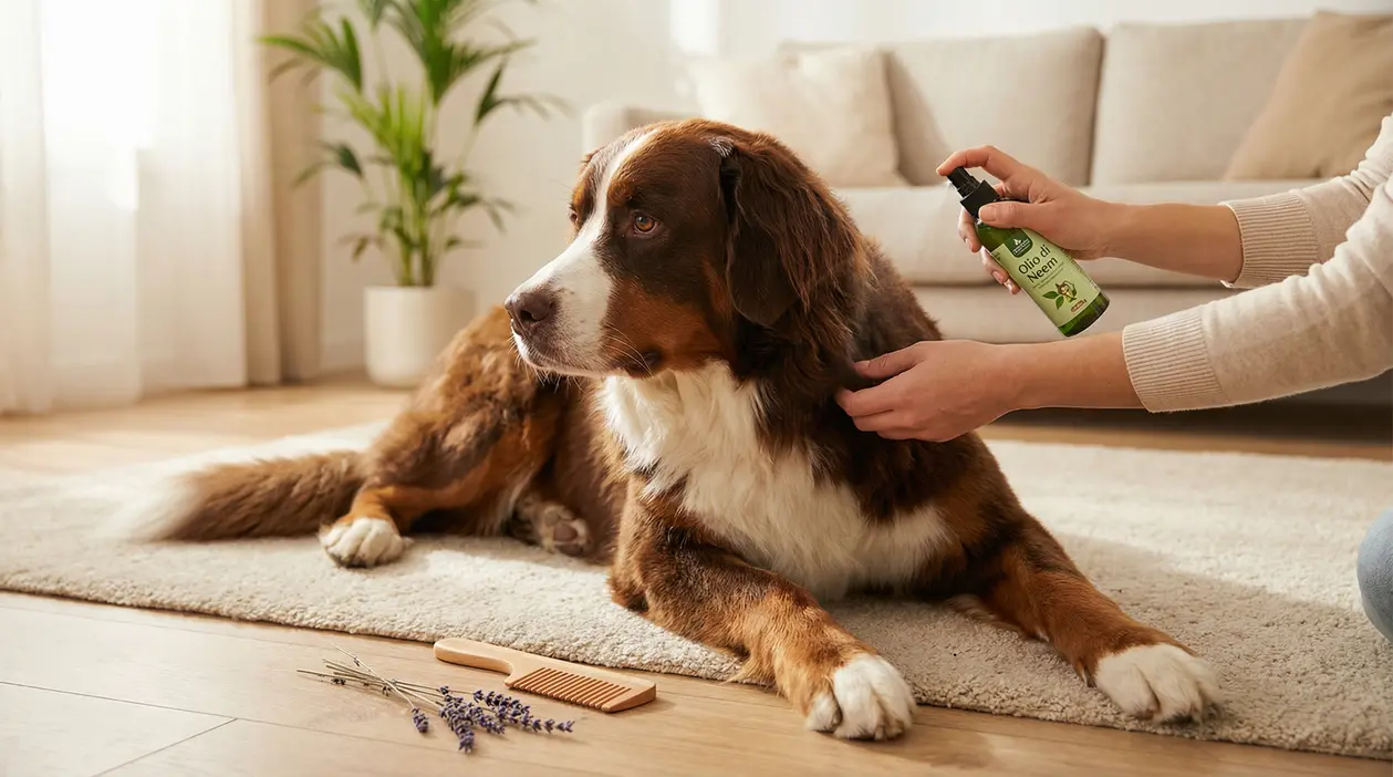Persona applica uno spray naturale sul pelo di un cane sdraiato su un tappeto in soggiorno