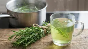 Tazza di infuso al rosmarino con rametti e pentola sul fornello, rosmarino in bollitura sullo sfondo