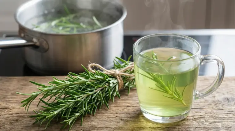 Tazza di infuso al rosmarino con rametti e pentola sul fornello, rosmarino in bollitura sullo sfondo