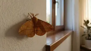 Falena marrone appoggiata al muro vicino a una finestra all’interno di una casa