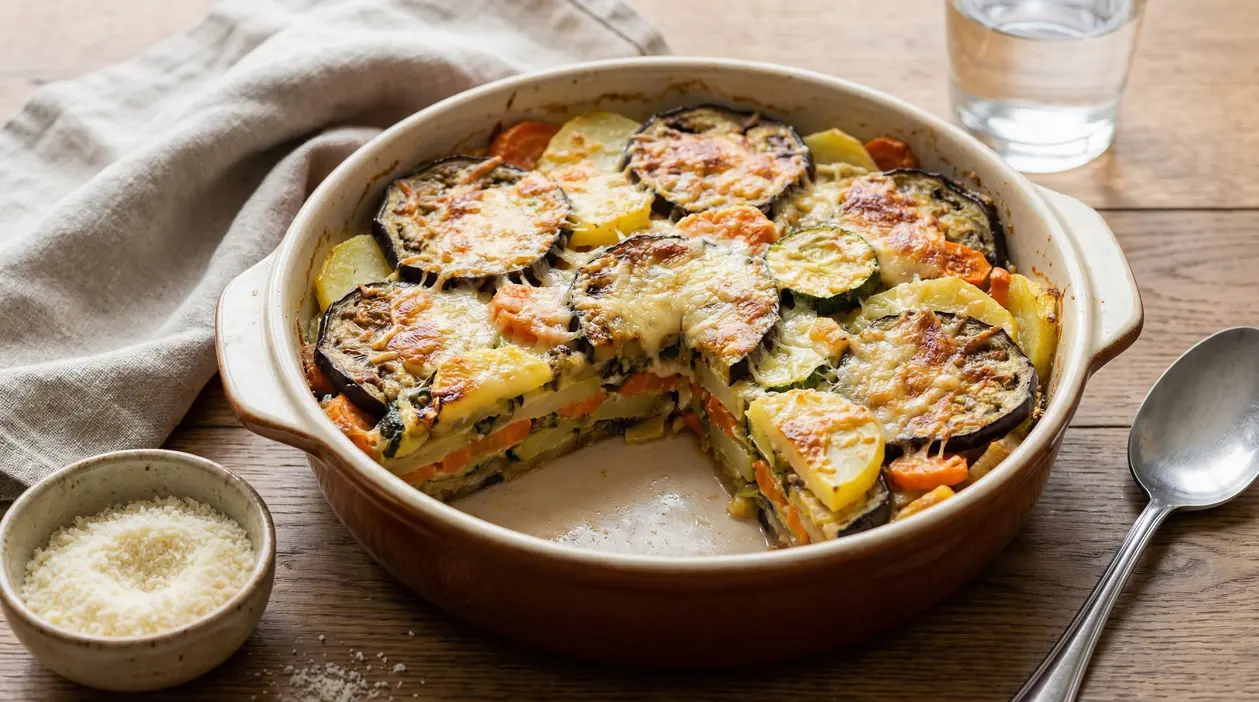 Sformato di verdure al forno con parmigiano gratinato in teglia, con una porzione già servita