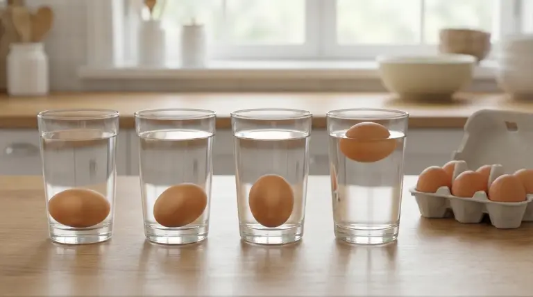 Test di freschezza delle uova: quattro bicchieri d’acqua con uova, una sul fondo e una che galleggia