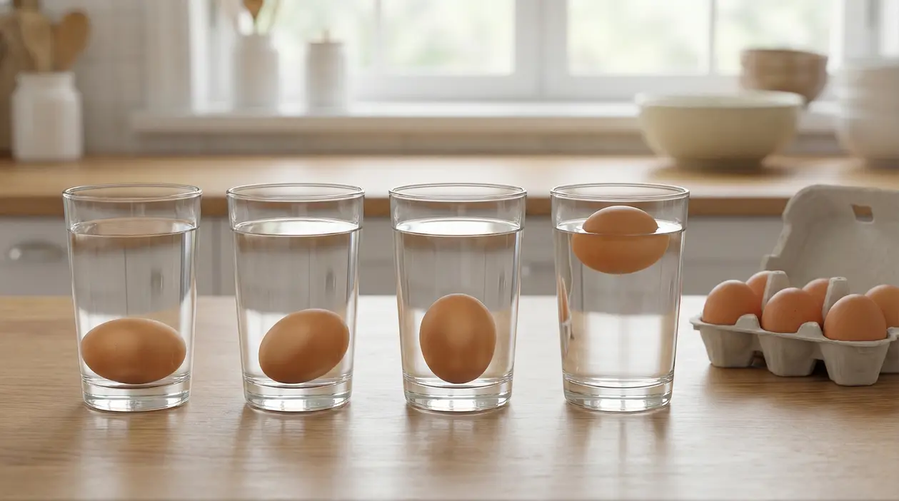 Test di freschezza delle uova: quattro bicchieri d’acqua con uova, una sul fondo e una che galleggia