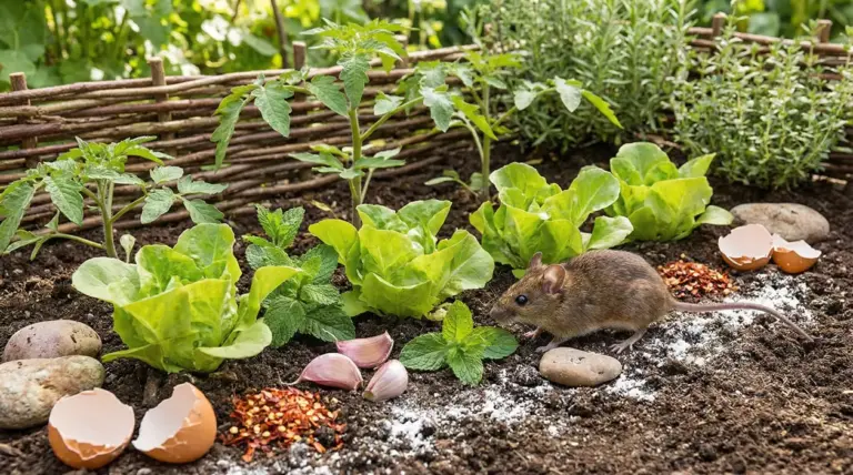 Topo nell’orto tra lattughe e piantine, vicino a aglio e gusci d’uovo usati come rimedi naturali