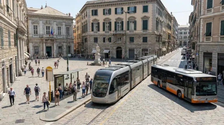 Tram e autobus in una piazza del centro storico italiano con persone alla fermata del trasporto pubblico