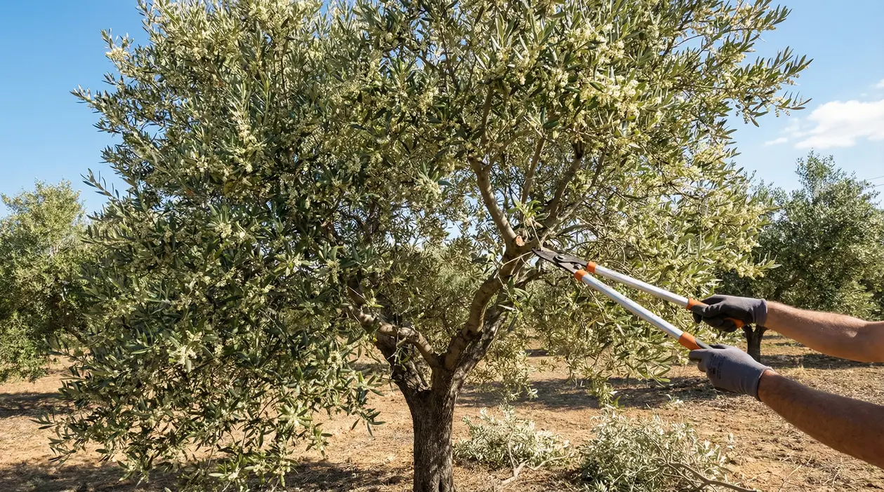 Potatura di un ulivo in fioritura con cesoie telescopiche in un oliveto, per favorire la produzione di olive