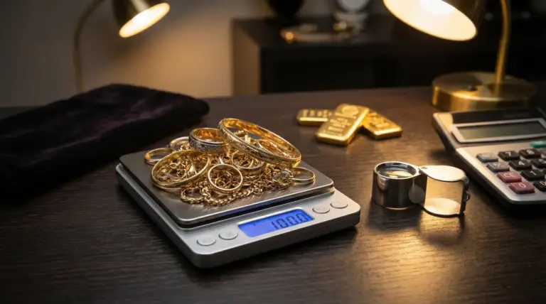 Gioielli in oro su bilancia digitale per la valutazione di 100 grammi di oro usato in un negozio compro oro