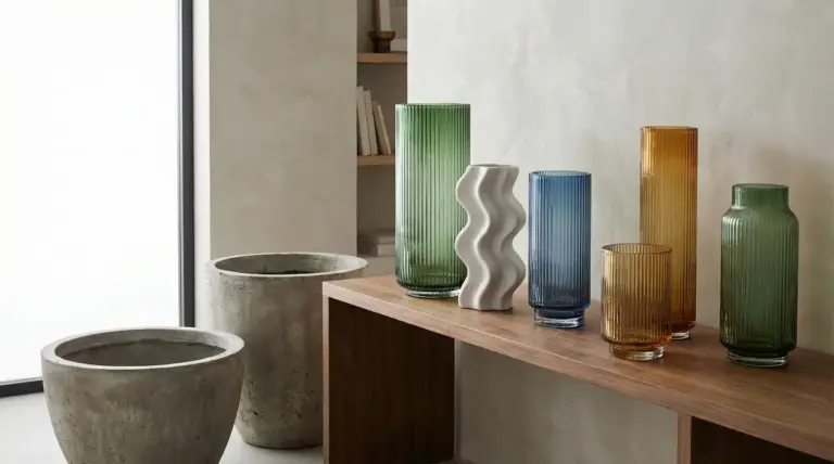 Vasi decorativi in vetro colorato e un vaso bianco su consolle in legno, con due grandi vasi in cemento sul pavimento